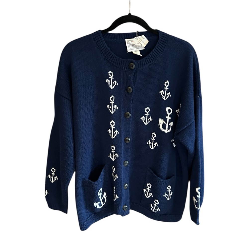 VINTAGE 90s MISO: Healthy to Wear Cotton Nautical‎ Cardigan Sweater Navy M-L